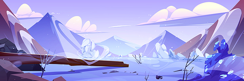 Winter mountain and sky landscape illustration. Log on snow scenery icy alps cartoon panorama background. Cold nature horizon on snowy season. Alpie adventure valley environment frozen design.