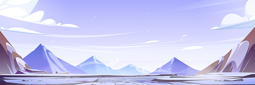 Winter mountain landscape with lake ice crack vector. Snow background cartoon illustration with frozen peak range. Snowy rocky nature panorama scene. Danger hole in river water near rock scenery.