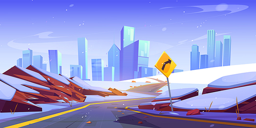 Winter city landscape with curve road and snow cartoon vector background. Western highway with snowy winding route to new york. Empty urban panorama with turn sign direction to american cityscape