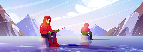 Ice winter man together fishing in hole vector illustration with mountains and lake view. Waiting to catch fish underwater river with rod entertainment on north pole landscape game banner concept.