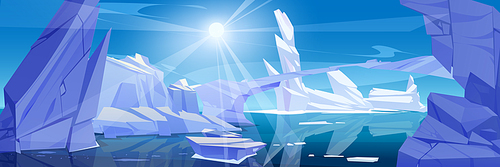 Arctic winter landscape with iceberg. Vector cartoon illustration of frozen lake water, ice bridge between snowy islands, bright sun shining in blue sky. Game level platform. Climate change banner