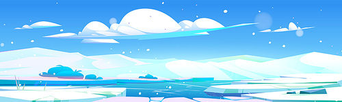 North Pole winter glacier cartoon landscape vector. Ice and snow antarctica land with broken and crack hole on ground surface. Freeze sea or river wild snowy canada scenery illustration design