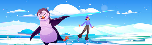 Girl ice skating and dancing penguin vector landscape. North Pole glacier scene with crack land illustration. freeze snowy scenery design with hole in floor. Cold northern background with crash land