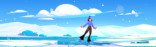 Active young woman ice skating outdoors. Vector cartoon illustration of female character enjoying sports hobby on frozen lake surrounded by snow white hills, clouds in blue sky, scandinavian landscape