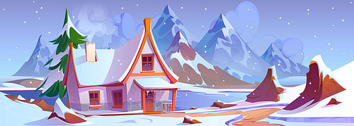 Cozy house near lake in winter mountain valley. Vector cartoon illustration of fir tree growing near rural cottage, porch covered with snow, smoke rising from chimney, snowflakes falling from sky
