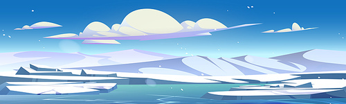 Winter ice north landscape vector background cartoon. Frozen land with snowy mountain northern outdoor banner. Cold antarctica nature design scene with glacier and freeze ocean water environment
