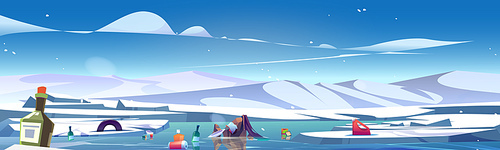 Garbage in arctic ocean snow ice world landscape. North pole and global water pollution with rubbish and bottle. White Canada glacier panorama environment design with snowy hill and frozen lake