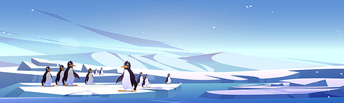 Group of penguins standing on ice landscape. Vector cartoon illustration of cute birds floating on large floe against background with piles of snow and cold ocean water. South Hemisphere wildlife