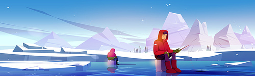 Male fisher sitting on frozen lake with rod. Vector cartoon illustration of fishermen in warm clothes and boots fishing, waiting to catch fish in ice hole, snowy mountain background, outdoor activity