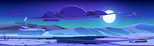 Night north pole vector landscape with full moon in sky. Cartoon dark arctic illustration with frozen water and cloud. Freeze lake and snowy hill outdoor antarctica environment for web banner