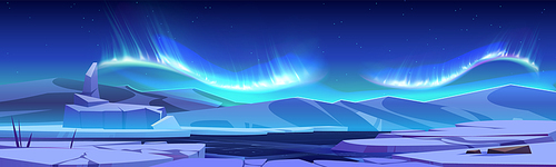 Aurora borealis shimmering above ice landscape. Vector cartoon illustration of colorful abstract northern lights in night sky with many stars, rocky mountains, frozen water surface, nordic nature