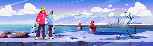 Frozen north landscape with fisherman background. Man and woman travel on vacation to ice ocean shore. Cold Canada freeze water nature with character environment scene. White northern cartoon land