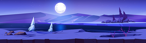Polar night landscape with full moon above frozen river. Vector cartoon illustration of cold ice on water surface, hills covered with white snow, starry night, fir trees. Polar midnight background