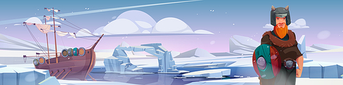 Viking frozen north pole ice landscape background. Norman travel on ship near iceberg antarctica illustration. Scandinavian character design in freeze sea nature environment. Northern outdoor scene