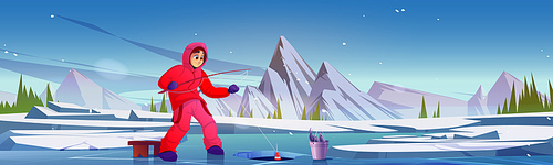 Winter fishing cartoon vector illustration. Young woman in warm clothes on ice covered frozen lake pulls fishing rod out of hole. Activities on background of landscape with pond and snowy mountains.