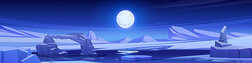 Night north pole vector landscape with full moon in sky. Cartoon dark arctic illustration with frozen water and ice arch. Freeze lake and snowy hill outdoor antarctica environment for web banner