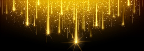 Golden star rain on black background. Vector realistic illustration of magic night sky pattern, yellow sparkling lights falling down with shimmering traces, stardust effect, bokeh party decoration
