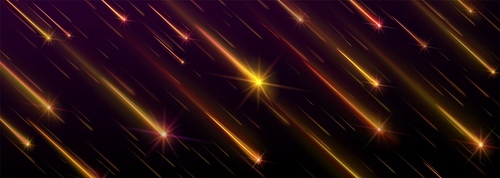 Space comet rain with golden falling star trails. Realistic vector background with bright space meteorite shooting with flare and glow path. Meteor shower with light and neon sparkle effect.