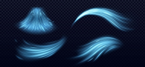 Cool air waves with wind flow effect. Realistic vector illustration set of blue jets of clear cold airstream with particles. Breath of breeze air with sparkles for purification or conditioner concept.