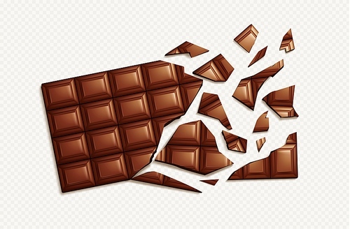 Realistic broken chocolate bar on transparent background. Top view scattered divided tasty confectionery snack with sugar. Isolated yummy pleasure cut dessert clipart. Sweet snack ingredient.