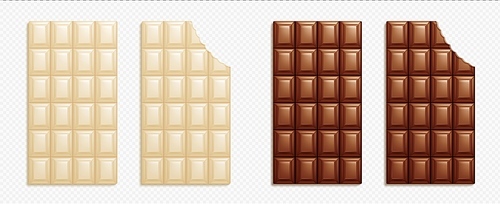 Dark and white chocolate bars with bites. Sweet milk chocolate with tile pattern in top view isolated on transparent background, vector realistic illustration