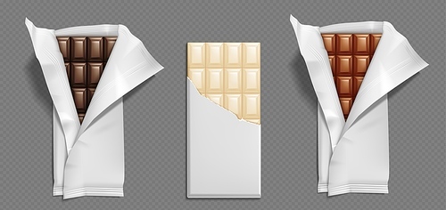 Realistic dark, milk and white chocolate bars in open wraps. Vector illustration of sweet choco dessert in foil or paper package. Delicious cocoa and sugar snack. Cooking ingredient. Endorphin source