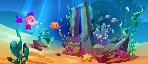 Ocean underwater boulder with fish vector background. Deep sea under water reef life with animal and seaweed plant. Tropical aquatic habitat wildlife drawing environment. aquarium ecosystem landscape