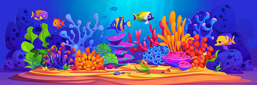 Underwater seaweed plant and coral background. Ocean reef scene with grass, rock, algae weed and tropical decorative fish cartoon game environment wallpaper. Nautical oceanic wildlife graphic design