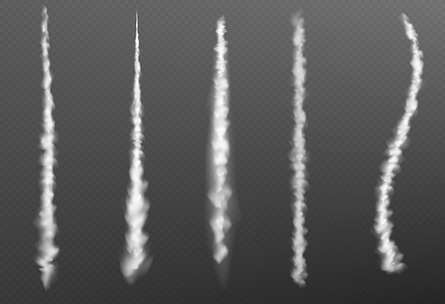 Plane contrails, smoke trail of jet or rocket flight. Condensation effect in air of speed aircraft flight in sky. White line clouds of vapour isolated on transparent, vector realistic set