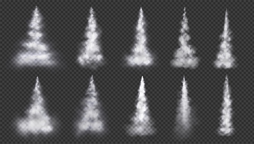 Realistic smoke trails set isolated on transparent background. Vector illustration of condensation aircraft lines in sky, missile launch contrail, rocket flight, space mission, aviation speed effect
