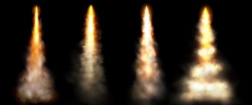 Rocket or jet fire trails with smoke clouds. Space ship, shuttle or missile launch effect with flame and steam clouds, vector realistic set isolated on black background