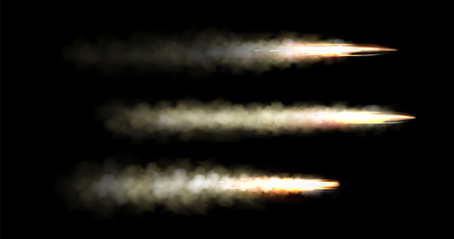 Realistic set of flying bullets with smoke trace isolated on black background. Vector illustration of gunshot trail, fired ammunition in motion, firearm projectiles moving fast, war shooting attack