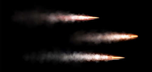 Bullet after shot with fire and smoke trail - realistic vector illustration of metal ammo flying to target. Gun firing moment with speed effect trace on transparent background - military projectile.