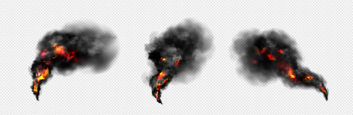 Dark black cloud smoke with fire vector effect. Isolated realistic abstract explosion trail with burn smog. Factory fog transparent overlay image. 3d cigarette steam swirl destruction element texture