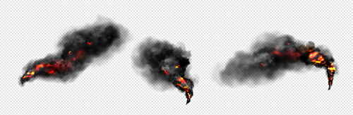 Fire with clouds of black smoke on transparent background. Realistic vector illustration texture of flames with pillars of dark smog or fog with powder and particles from explosion or burning.