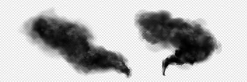 Black cloud smoke and ash swirl transparent isolated vector. Smog explosion tornado trail effect. Abstract realistic dark grey fog movement in atmosphere. 3d destruction fume or storm motion element