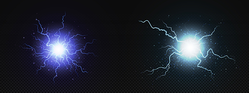 Electric lightning energy explosion ball vector. 3d thunder circle explosion light in blue, and purple. Thunderbolt crack glow effect. Abstract discharge isolated on transparent background.