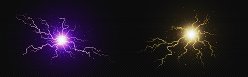 Electric lightning energy explosion ball vector. 3d thunder circle explosion light in golden yellow and purple. Thunderbolt crack glow effect. Abstract discharge isolated on transparent background.