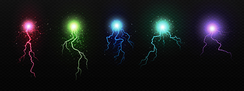 Color lightning bolts set isolated on transparent background. Vector realistic illustration of magic energy strike, electric discharge, thunderbolt flash, crack in sky, fantasy storm design elements