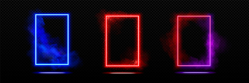 Neon futuristic door frame with glowing and steam effect. Realistic vector illustration set of illuminated blue, red and purple led rectangular portal with fog and sparkles on black background.