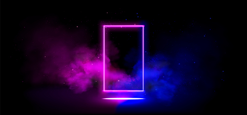 Neon light frame in cloud of smoke on black background. Vector realistic illustration of rectangle pink and blue border, transparent haze, stars sparkling in night sky, nightclub stage decoration