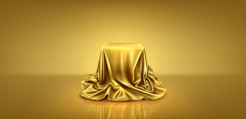 Gold silk cloth podium box cover to reveal gift 3d background. Golden satin fabric hidden secret and mystery surprise object. Luxury presentation in studio with tablecloth on stand. Hide cube scene