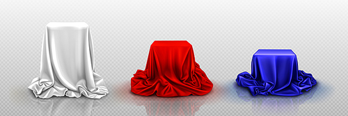 Realistic set of podiums covered with white, red, blue silk cloth. Vector illustration of surprise hidden under satin fabric with drapery waves isolated on transparent background, product presentation
