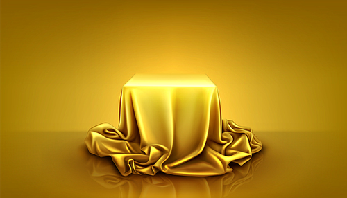 Square podium and gold silk cloth cover background. Golden curtain fabric on hidden mystery cube gift box. Luxury unveil surprise yellow pedestal with drapery textile in studio vector scene concept