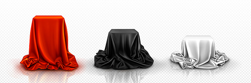 Cloth cover to reveal 3d podium box red and black. 3d silk fabric for hidden surprise. Mystery satin cube above to unveil. Isolated vector cube pedestal hide with silver drapery tablecloth concept