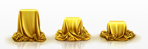 Podium under golden fabric curtain cover. Realistic vector illustration of cube stand or box of various sizes hidden in gold silk or satin waved cloth. Gift or surprise that can be reveal and unveil.
