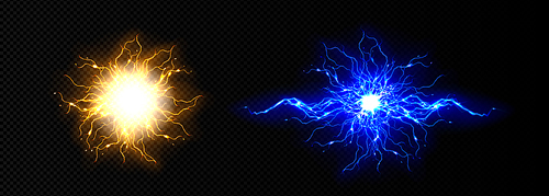 Realistic set of lightning bolts isolated on transparent background. Vector illustration of blue and yellow electric energy balls, sparking flashes of thunderbolt impact, thunderstorm power discharge