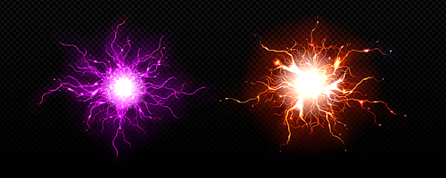 Realistic bolt circle with lightning explosion vector effect. Electric thunder power ball discharge. 3d isolated neon thunderstorm blast laser element. Transparent spark fireball hit illustration