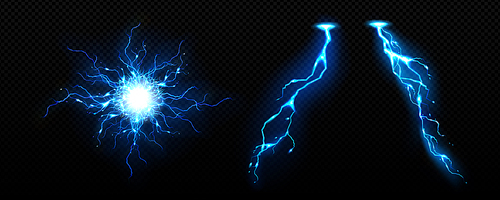 Blue thunder energy light and electric circle magic vector illustration. 3d realistic plasma sphere and power explosion. Neon isolated thunderstorm crack discharge. Flash burst with glow