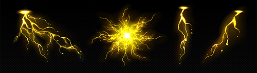 Gold thunder energy light and electric circle magic vector illustration. 3d realistic plasma sphere and power explosion. Neon isolated thunderstorm crack discharge. Flash burst with yellow glow